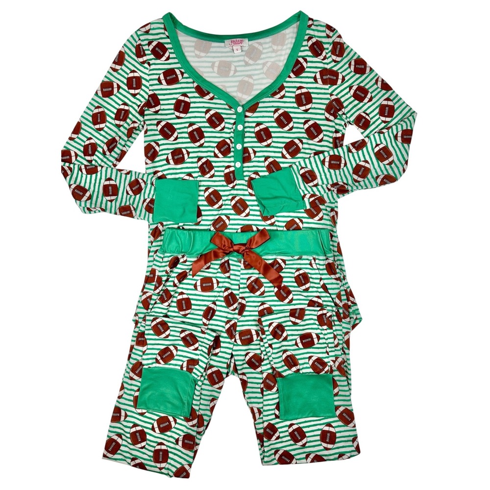 Jordann Jammies Womens Small Football Stripe Pajama Set Green White 2 Piece
